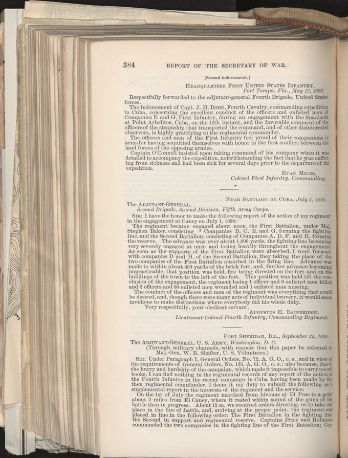War Department Reports, Page 384, Lieutenant Colonel Bainbridge's Report; Major Baker's Report