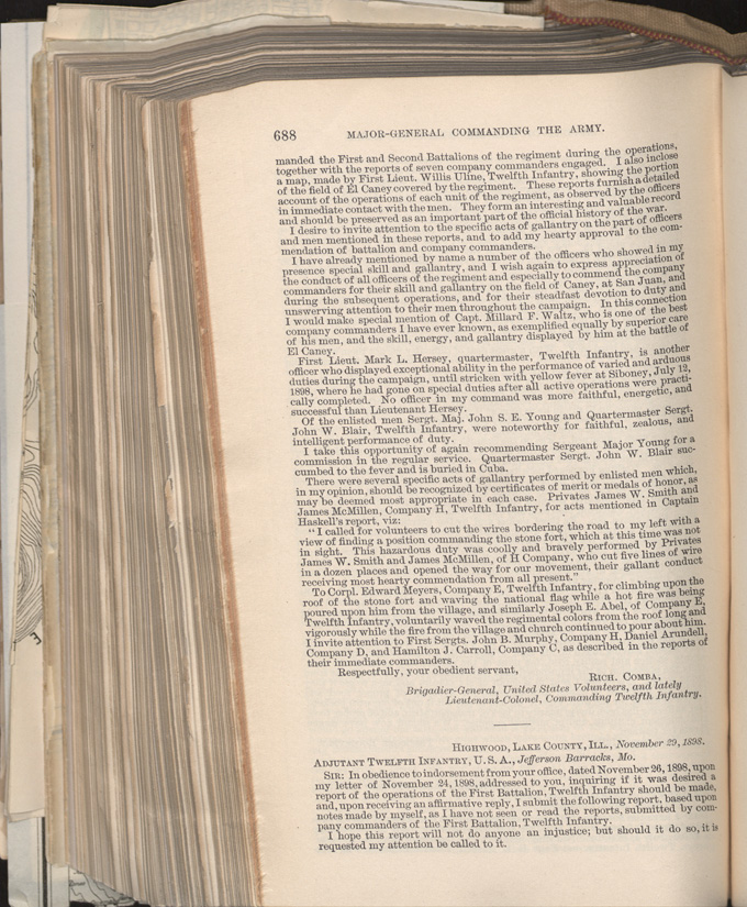 War Department Reports, Page 688, Lieutenant Colonel Comba's Report; Major Humpherys's Report