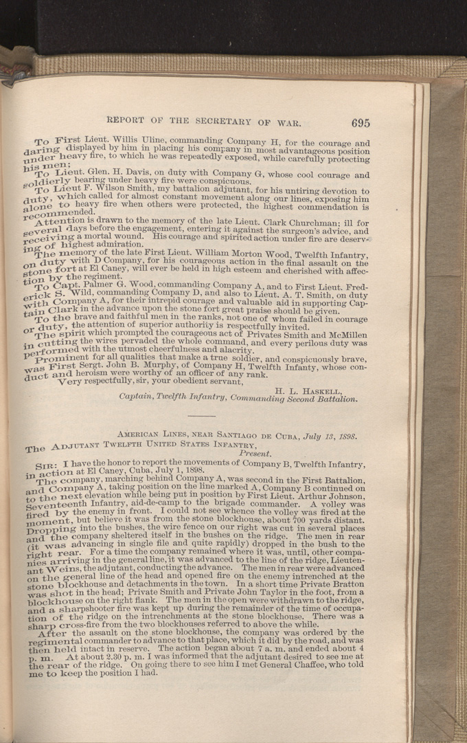 War Department Reports, Page 695, Captain Haskell's Report; Lieutenant Elliot's Report